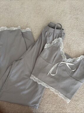 SHEIN Gray Ribbed Lace-Trim Cami & Pants Sleep Set FREEw/any purchase